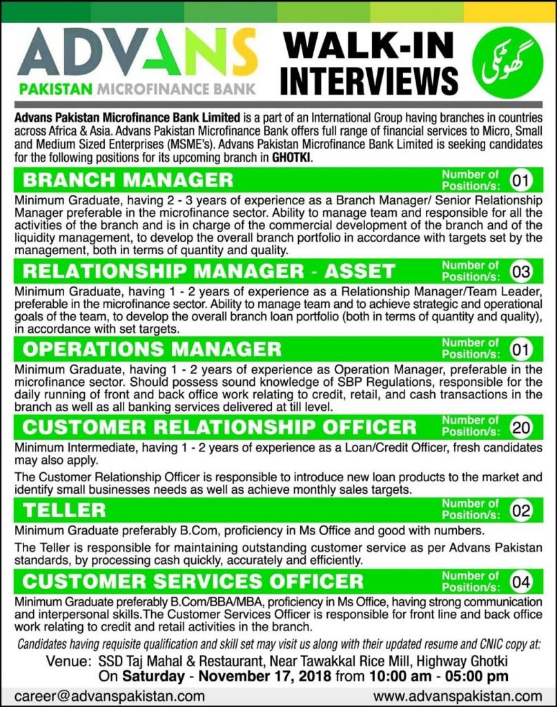 Advans Pakistan Microfinance Bank Limited Ghotki Jobs