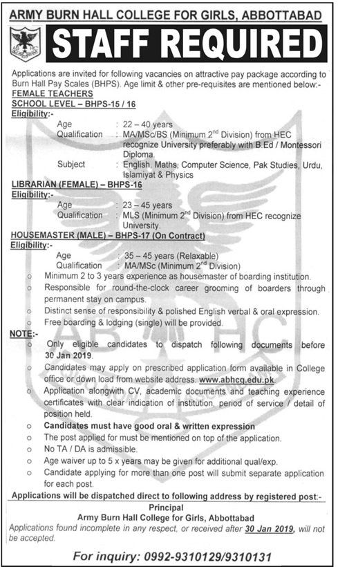 Army Burn Hall College For Girls Abbottabad Jobs For Librarian