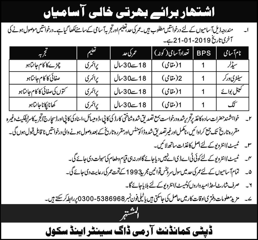 Army Dog Center & School Pakistan Jobs For Sanitary Worker