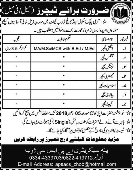 Army Public School & College Zhob Cantt Jobs