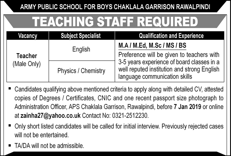 Army Public School For Boys Chaklala Garrison Rawalpindi Jobs For Teacher