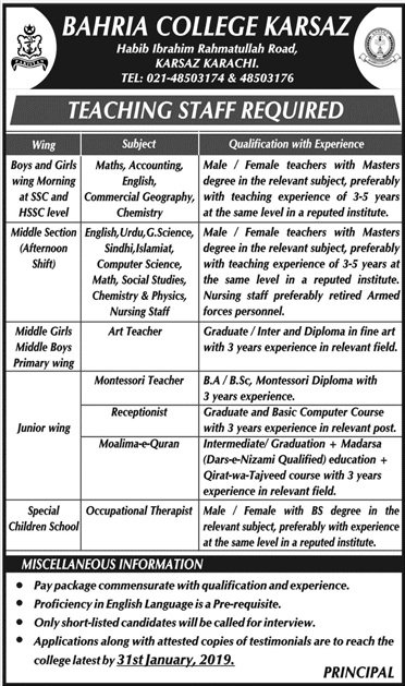 Bahria College Karsaz Karachi Jobs for Teaching Staff