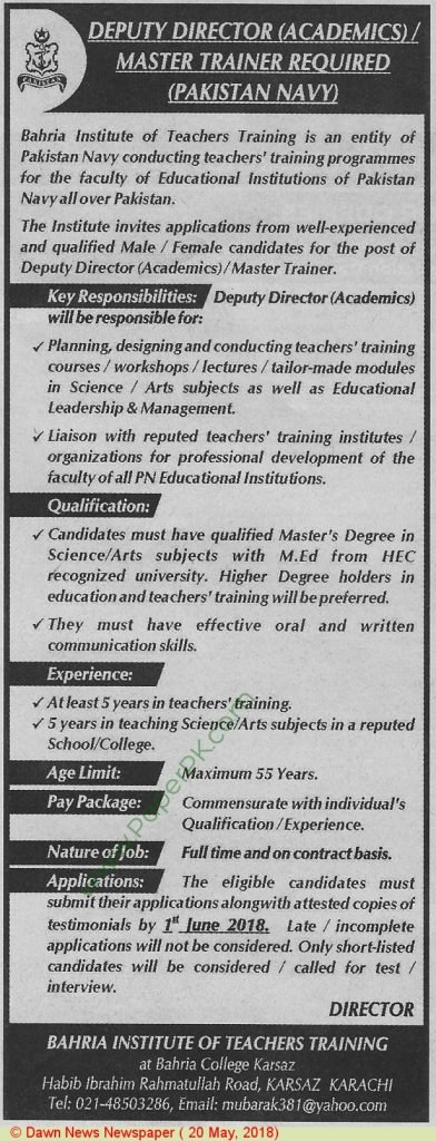 Bahria Institute of Teachers Training Karachi Jobs