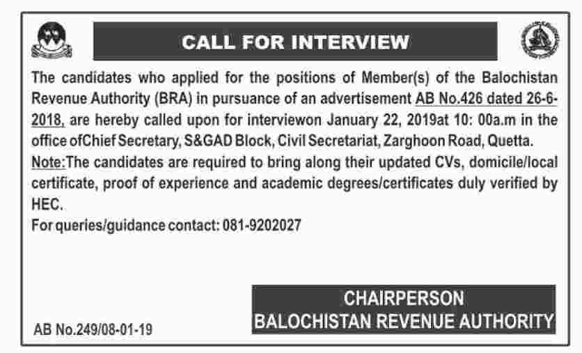 Balochistan Revenue Authority Quetta Jobs