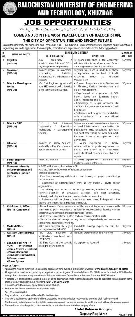 Balochistan University Of Engineering & Technology Khuzdar Jobs For Registrar Career