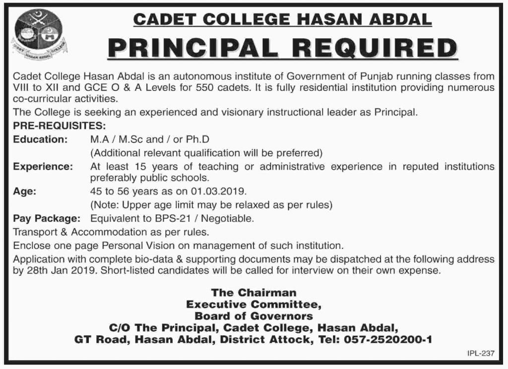 Cadet College Hasan Abdal Jobs for PrincipalPost