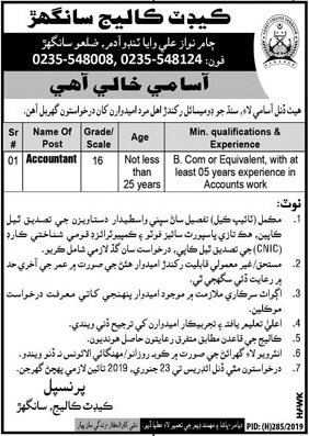 Cadet College Sanghar Jobs For Accountant Career