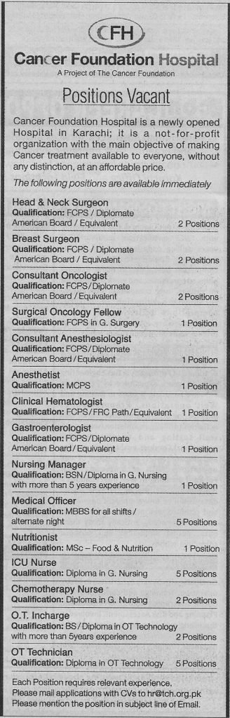 Cancer4 Foundation Hospital Karachi Jobs For Medical Specialist