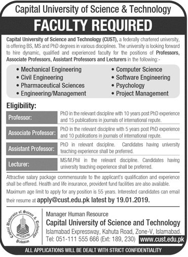 Capital University Of Science & Technology Islamabad Jobs For Faculty Staff