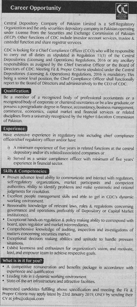 Central Depository Company Of Pakistan Jobs For Chief Compliance Officer