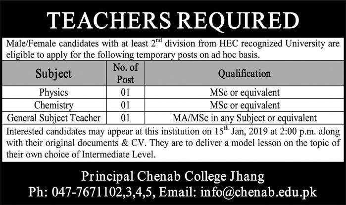 Chenab College Jhang Jobs For Teacher