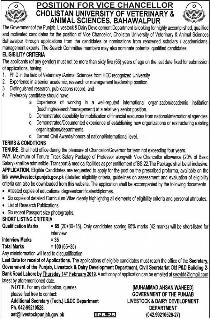 Cholistan University Of Veterinary & Animal Sciences Bahawalpur Jobs For Vice Chancellor Career