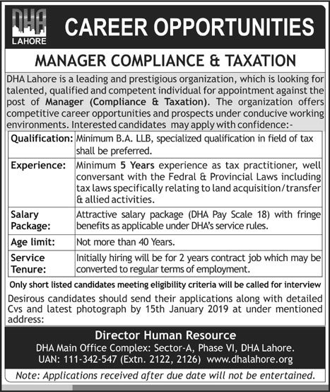 Defence Housing Authority Lahore Jobs For Manager Career