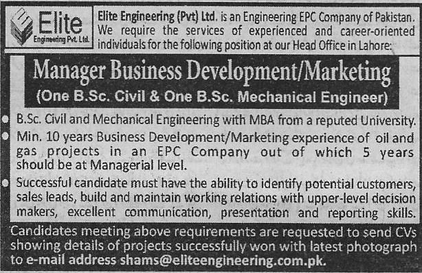 Elite Engineering Private Limited Lahore Jobs For Manager Business Development