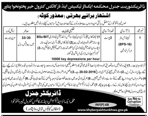 Excise Taxation & Narcotics Control Department Peshawar Jobs For Computer Operator