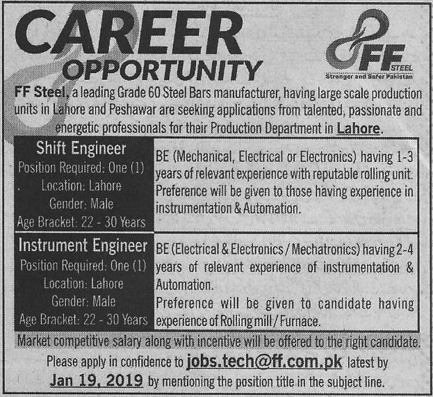 FF Steel Lahore Jobs for Shift Engineer