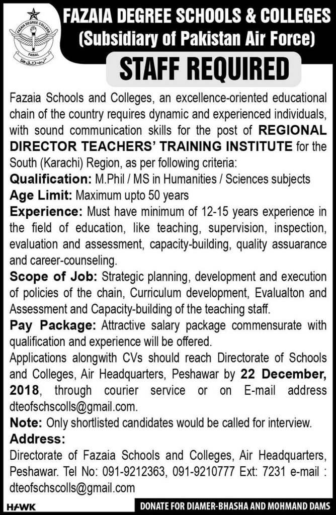 Fazaia Degree School & College Peshawar Jobs