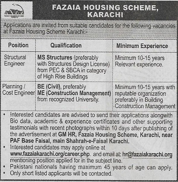 Fazaia Housing Scheme Karachi Jobs