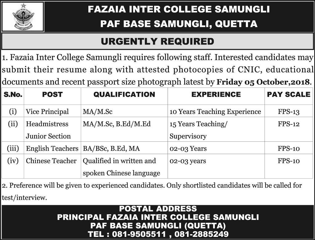 Fazaia Inter College Quetta Jobs