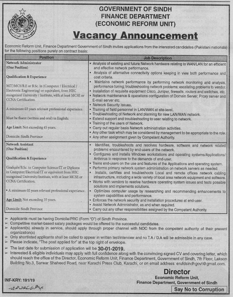 Finance Department Karachi Jobs For Network Administrator