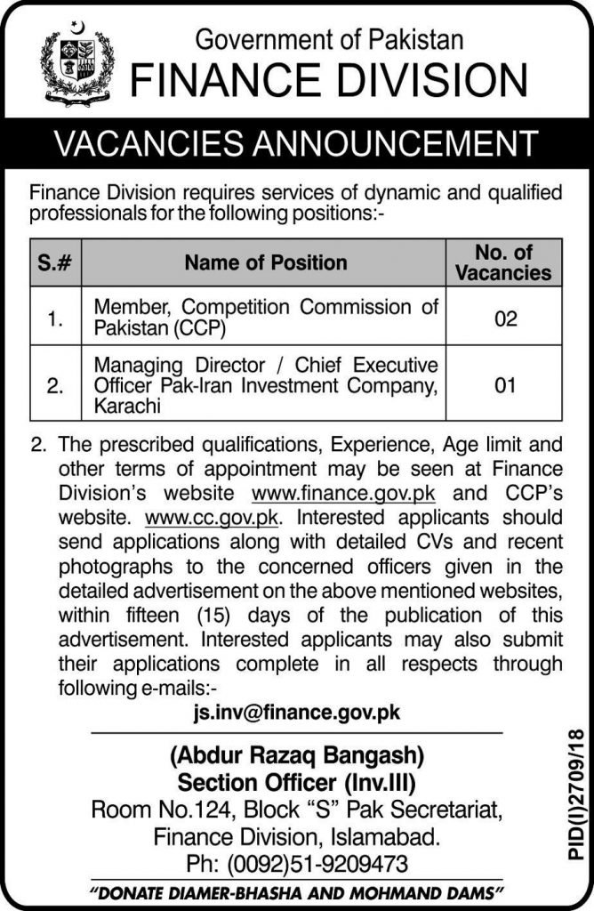 Finance Division Islamabad Jobs