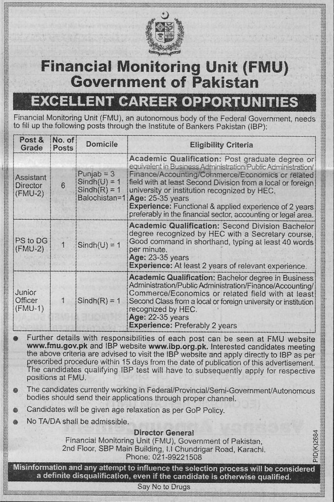 Financial Monitoring Unit Karachi Jobs For Assistant Director