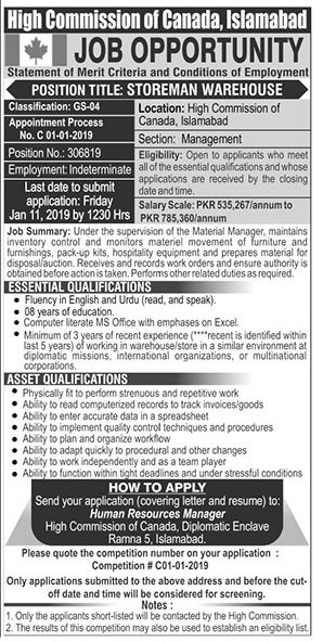 High Commission Of Canada Islamabad Jobs For Storeman Warehouse