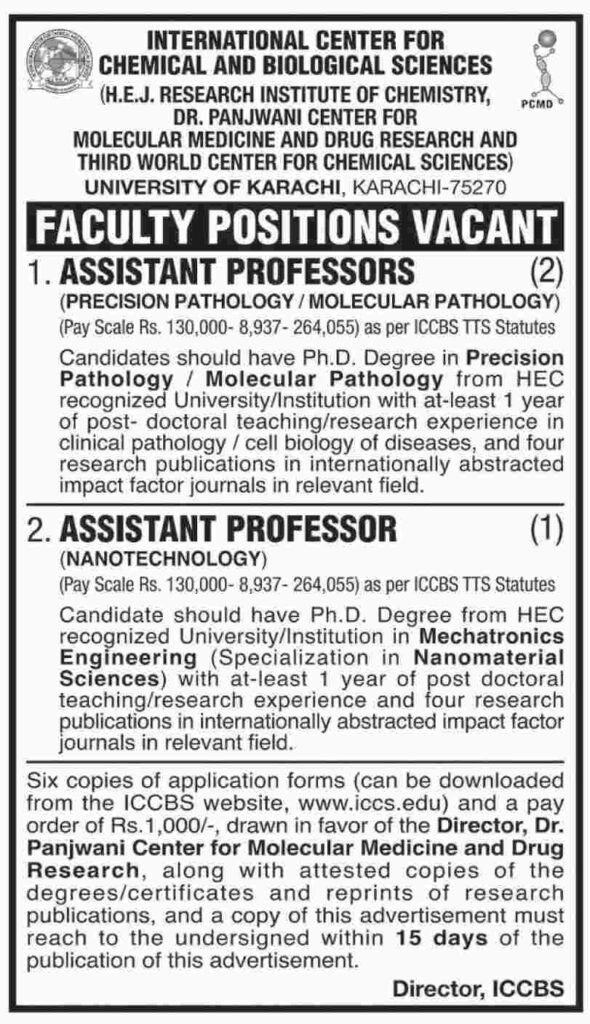 International Center For Chemical & Biological Sciences Karachi Jobs For Assistant Professor Career
