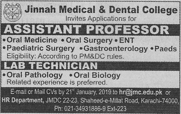 Jinnah Medical & Dental College Karachi Jobs For Assistant Professor