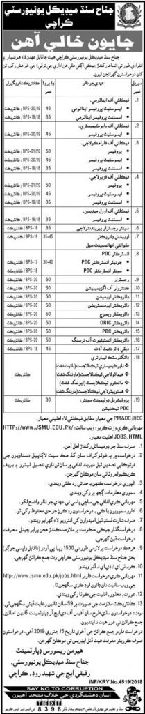 Jinnah Sindh Medical University Karachi Jobs For Faculty Staff