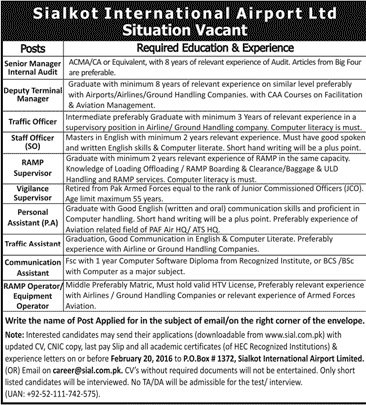 Jobs in Sialkot International Airport Ltd Po Box No 1372