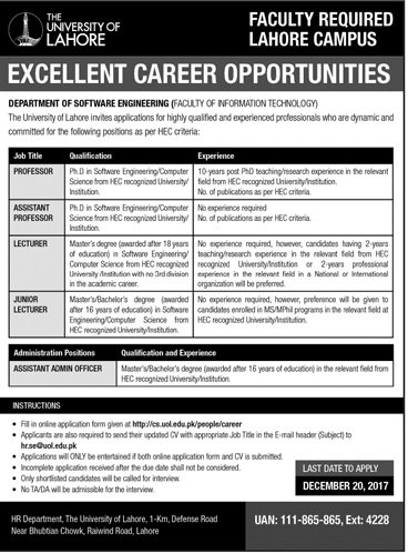 Jobs in The University Of Lahore Jobs