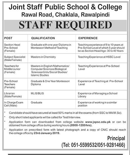 Joint Staff Public School & College Rawalpindi Jobs For Teacher