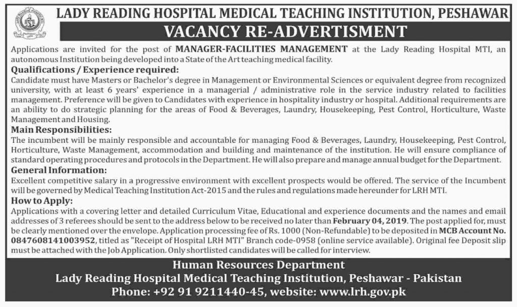 Lady Reading Hospital Medical Teaching Institution Peshawar Jobs For Manager Facilities Management