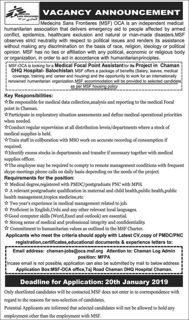 Medecins Sans Frontieres Quetta Jobs Jobs Medical Staff