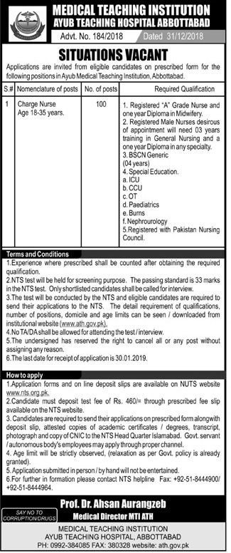 Medical Teaching Institution Ayub Teaching Hospital Abbottabad Jobs For Charge Nurse