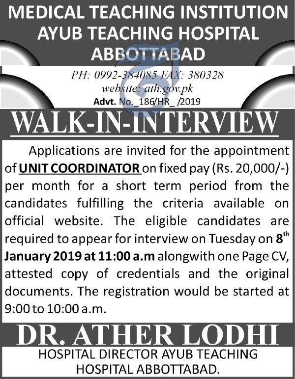 Medical Teaching Institution Ayub Teaching Hospital Abbottabad Jobs For Coordinator