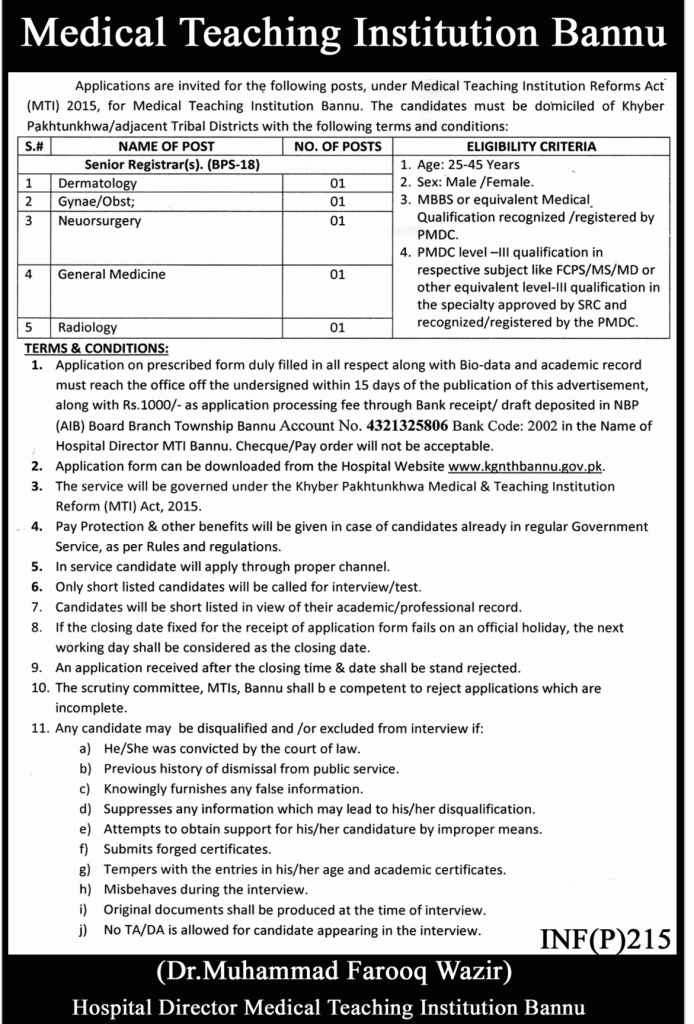 Medical Teaching Institution Bannu Jobs For Radiology