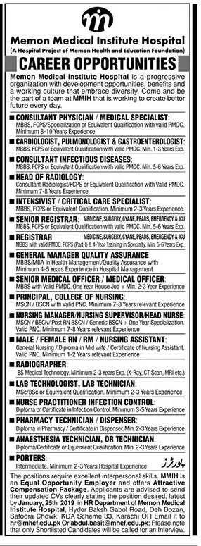 Memon Medical Institute Hospital Karachi Jobs For Cardiologist