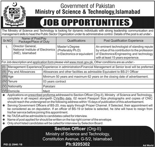 Ministry Of Science & Technology Islamabad Jobs For Director General