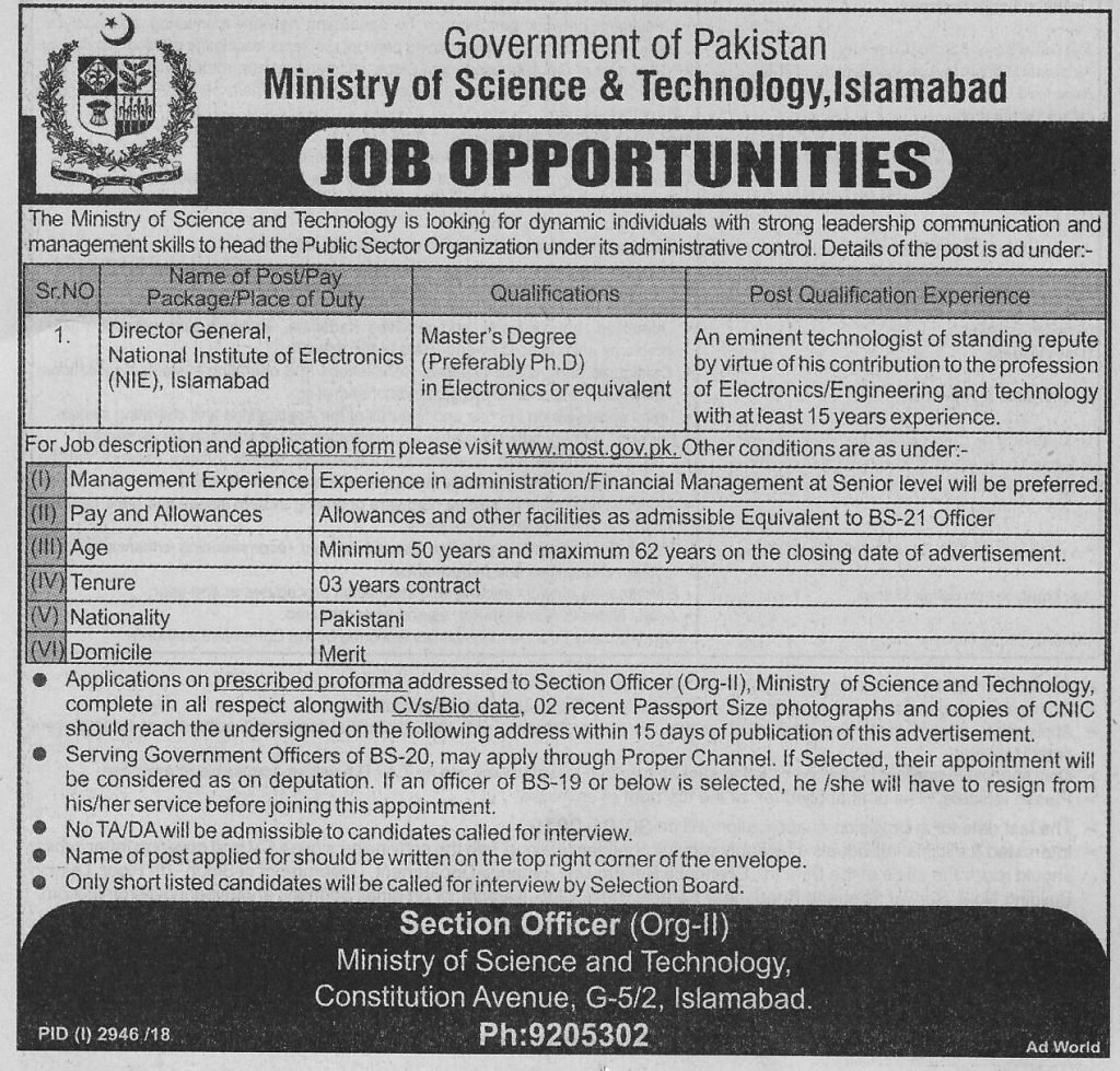 Ministry of Science & Technology Islamabad Jobs For Director General