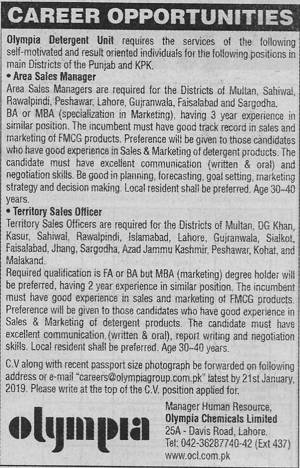 Olympia Chemicals Limited Lahore Jobs For Area Sales Manager Career