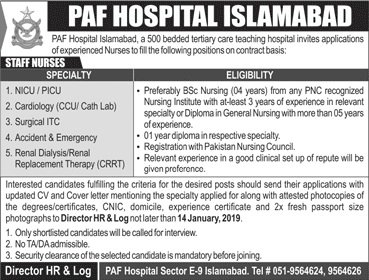 Pakistan Air Force Hospital Islamabad Jobs for Staff Nurses