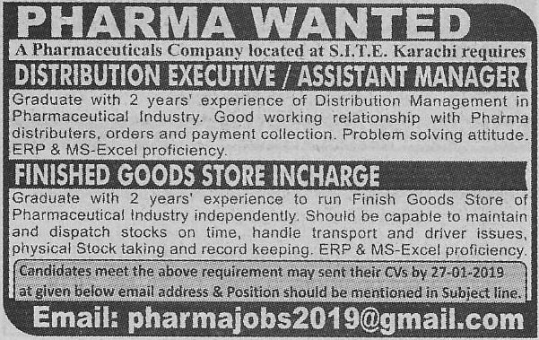 Pharmaceutical Company Karachi Jobs For Assistant Manager