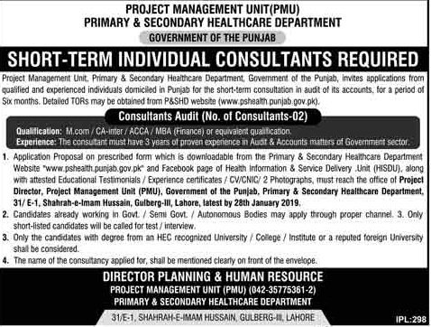 Primary & Secondary Healthcare Department Lahore Jobs for Consultants