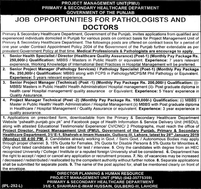 Primary & Secondary Healthcare Department Lahore Jobs for Doctor