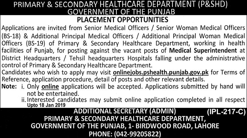 Primary & Secondary Healthcare Department Lahore Jobs for Medical Officer