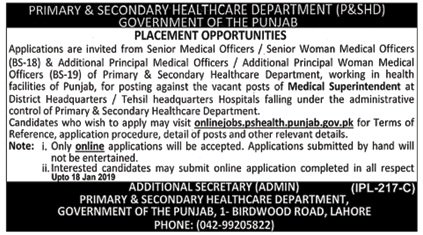 Primary & Secondary Healthcare Department Lahore Jobs for Medical Staff