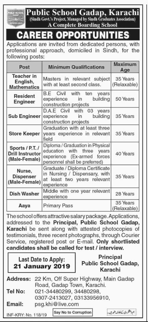 Public School Gadap Karachi Jobs for TeacherPost