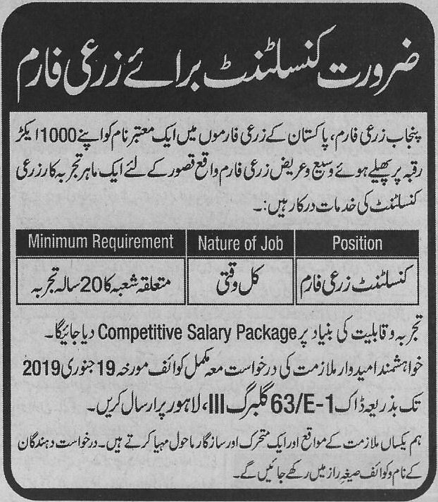 Punjab Agricultural Farm Lahore Jobs For Consultant